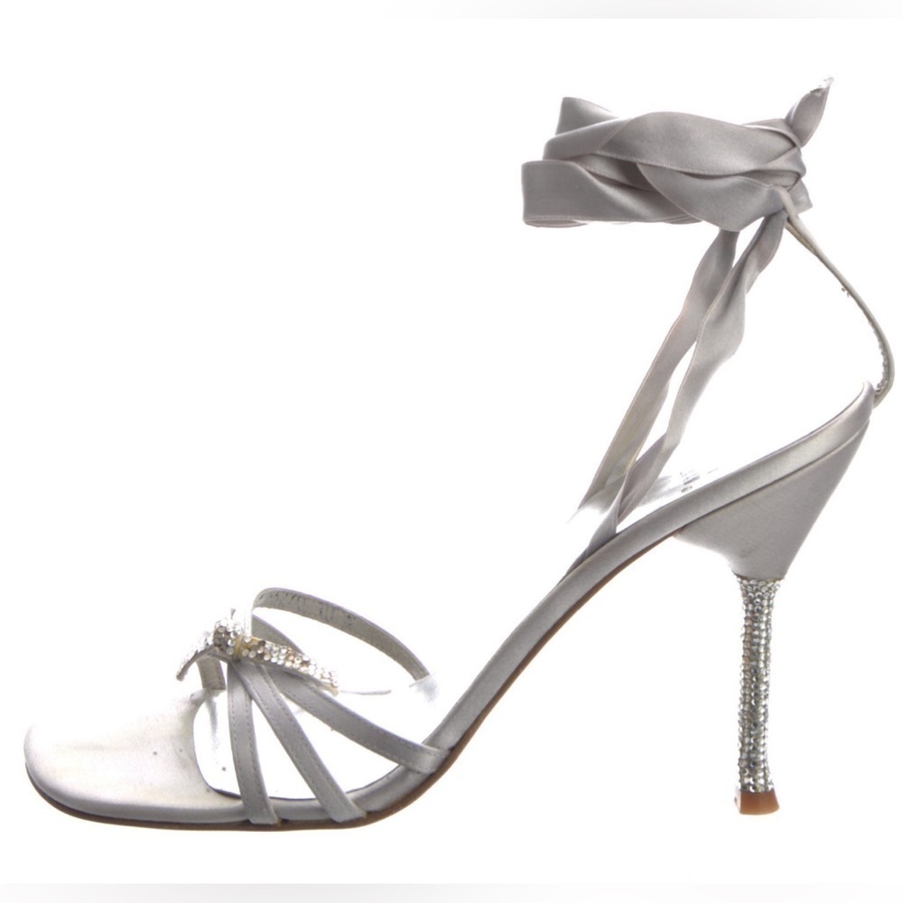 Stuart Weitzman Silver Leather Crystal Embellishments Sandals Size 10 - Picture 3 of 5